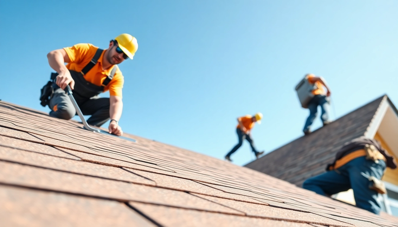 Roofing company professionals installing shingles on a sunny day.