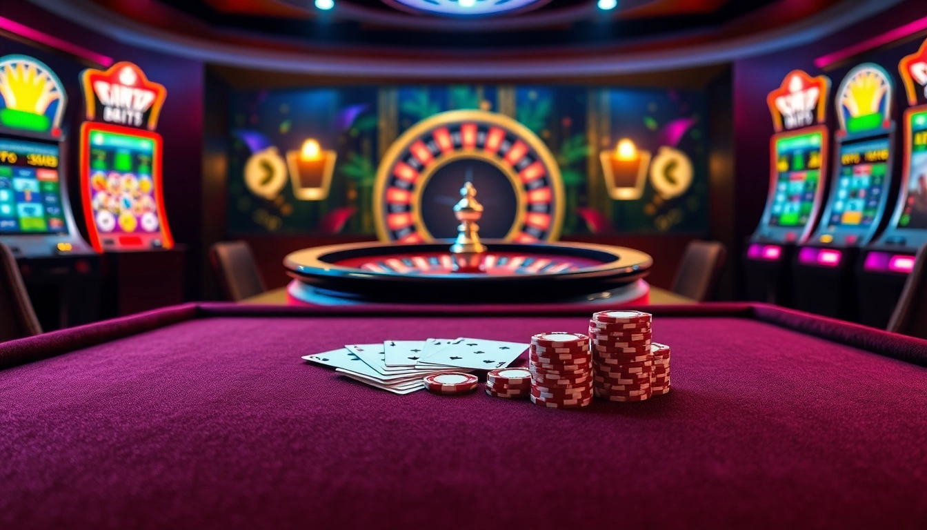 High-energy casino scene with poker chips and a roulette wheel reflecting https://bem88.com's gaming excitement.