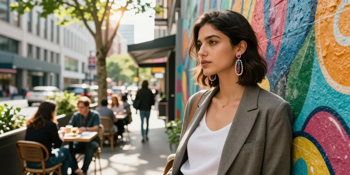 Fashionable woman in gemstone hoop earrings in an urban setting, showcasing style and vibrancy.