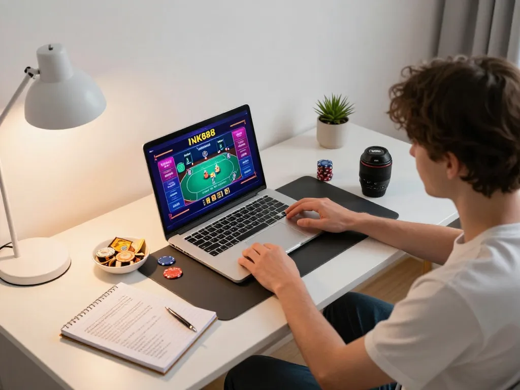 Engaging with NK888 online poker game displaying vibrant screen on laptop and strategic notes.