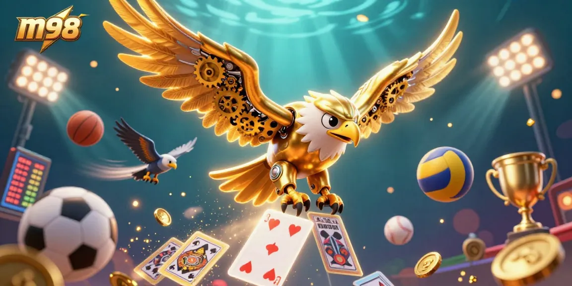 Experience thrilling sports action with m98, featuring a golden eagle, holographic cards, and dynamic gaming elements.