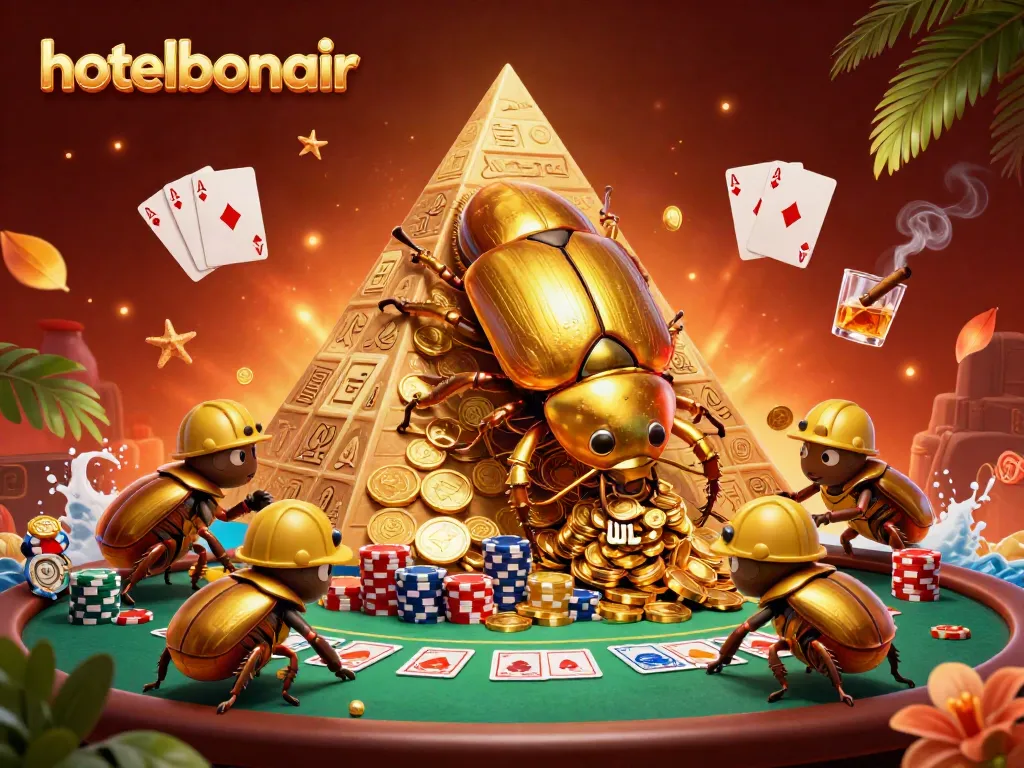Engage in thrilling casino action at hotelbonair with fun cartoon beetles rolling gold coins.
