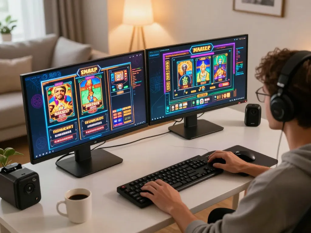 Engaging gameplay at home with Game nổ hũ uy tín on dual monitors, highlighting online casino excitement