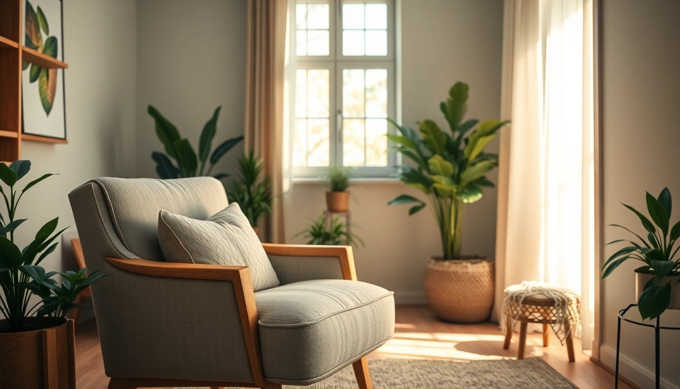 Promote mental wellness through a serene therapy space featuring comfortable furniture and calming decor.