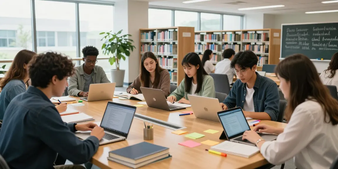学生们在大学图书馆环境中一起学习,展示数字成绩单