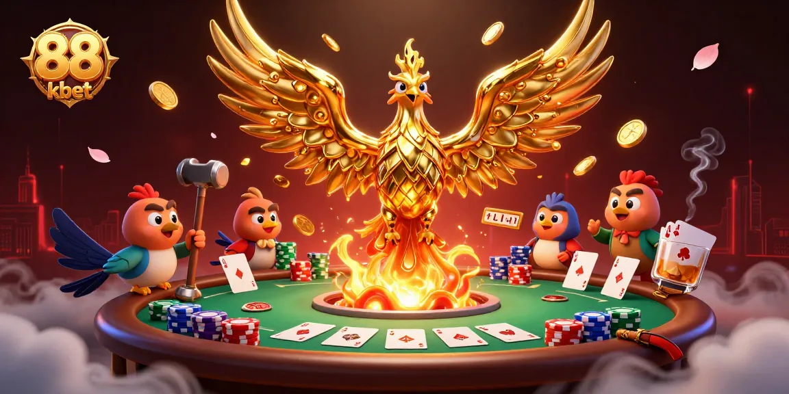 Experience thrilling gaming at 88 kbet with a rich illustration of a molten phoenix and poker elements.