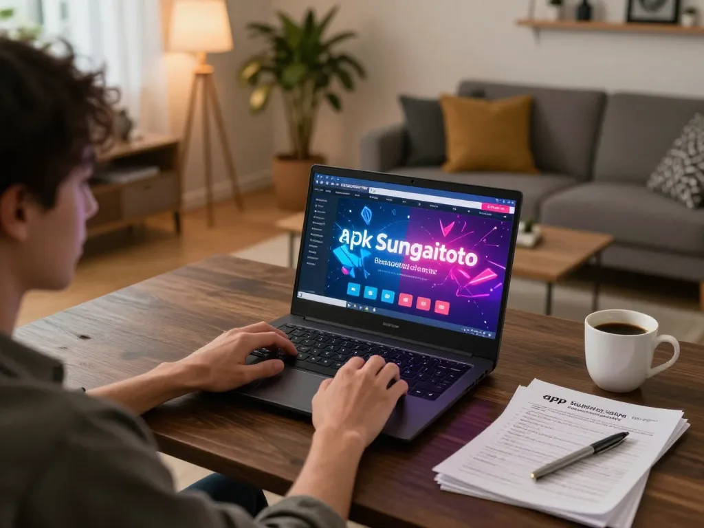 Engaging with apk sungaitoto on a laptop in a cozy home gaming environment