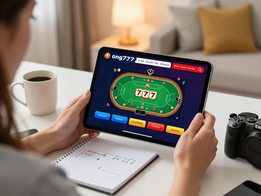 Playing ong777 Free Credit No Deposit e-wallet poker game on a tablet in a cozy living room.