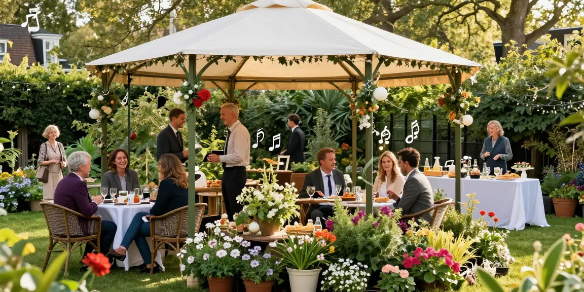 Outdoor event showcasing gazebo hire London with guests enjoying a garden party