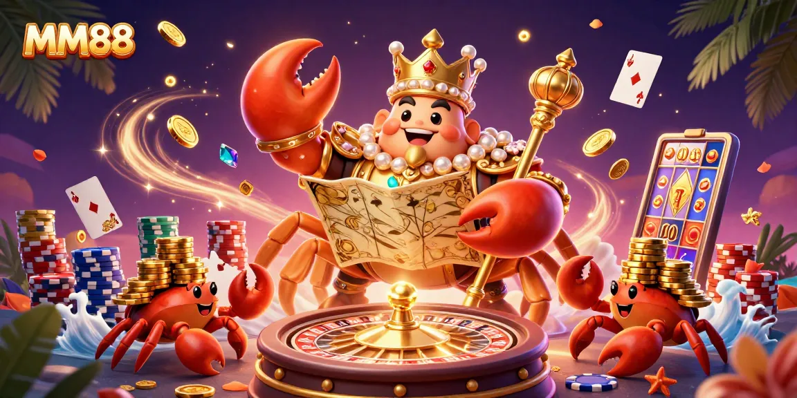 Engage in gaming magic with MM88’s vibrant golden crab emperor and dynamic casino elements.