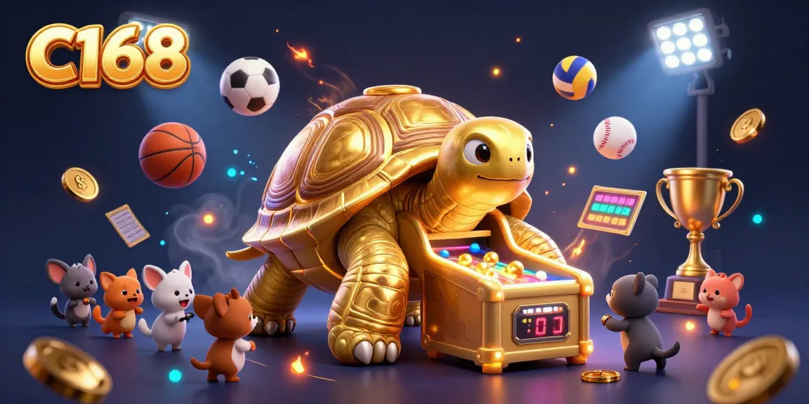 C168 offers thrilling casino action with a colossal golden tortoise pinball machine surrounded by dynamic sports elements.