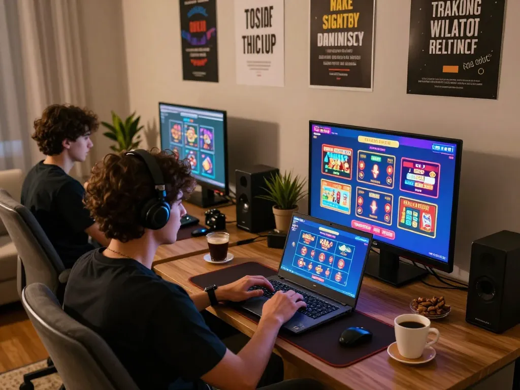 Engaging in tải hitclub gaming on a laptop at home, showcasing a modern and inviting workspace