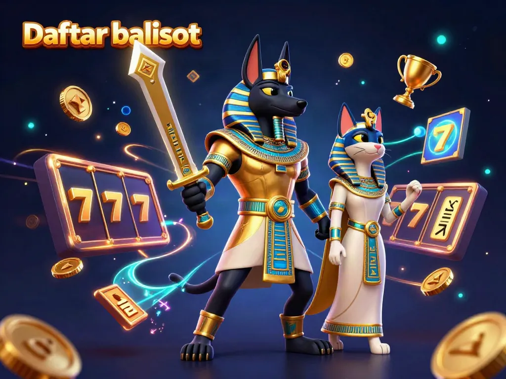 Experience Daftar balisot with Anubis and Bastet amidst dynamic slot reels and vivid gaming elements.