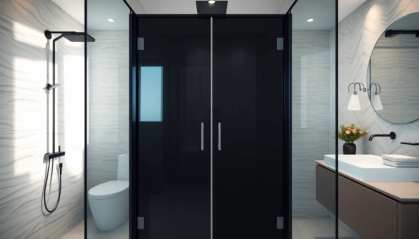 Enhance your bathroom with a stylish black shower door, featuring sleek glass and modern design elements.