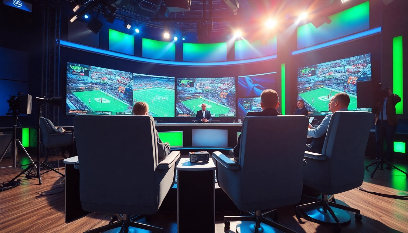 Engaging scene of sports broadcasting studio with presenters discussing live game highlights.