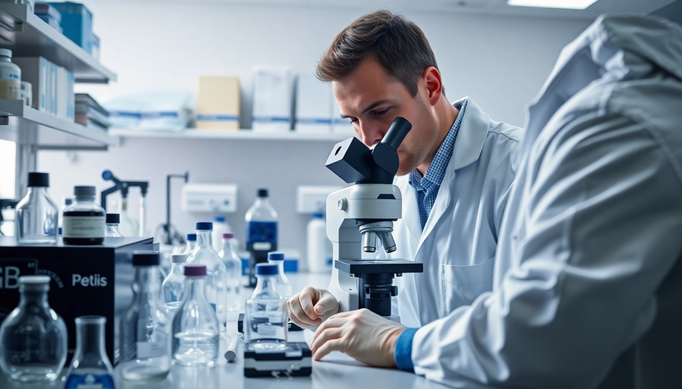 Researcher analyzing peptides UK in a modern lab setting, showcasing advanced technology and focus.