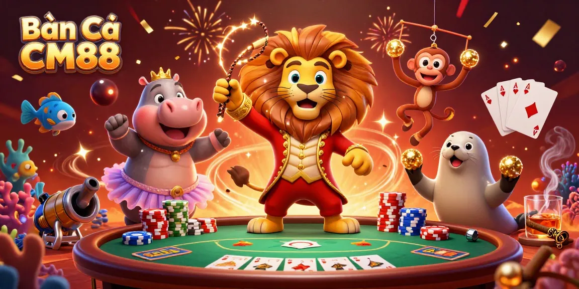 Bắn Cá CM88 brings vibrant underwater excitement with cartoon jungle characters celebrating at a fish shooting game.