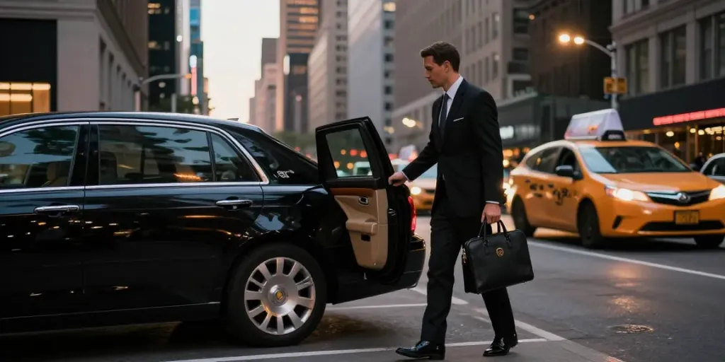 Chauffeur service NYC scene with a professional driver assisting a business traveler in a luxury black car amidst the city skyline.