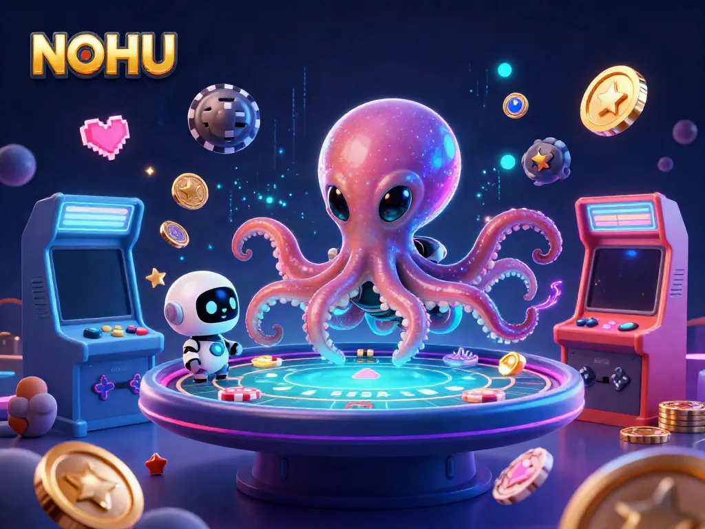 NOHU allows players to engage in a vibrant alien casino scene featuring a holographic poker table.