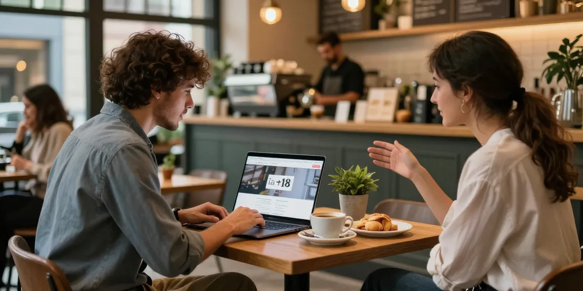 Youth engaging with the ia +18 website in a lively café setting, showcasing social interaction and creativity.