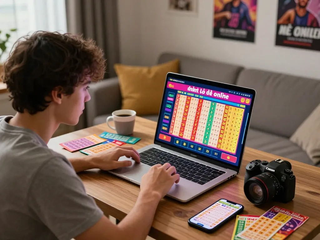 Engaging home scene of a young adult preparing for đánh lô đề online with colorful lottery tickets and a laptop.