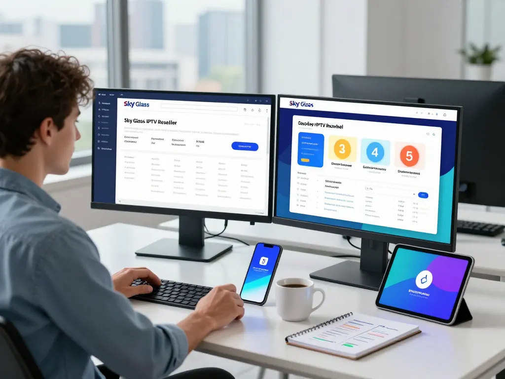 Sky Glass IPTV Reseller Panel displayed on dual monitors in a modern office setting.