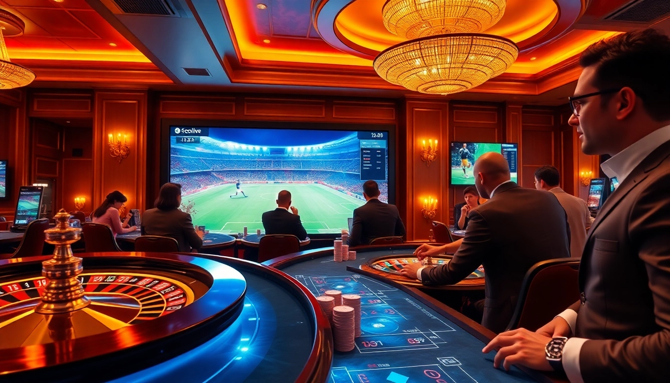 Socolive streaming live football with an engaging casino atmosphere, featuring poker tables and vibrant decor.