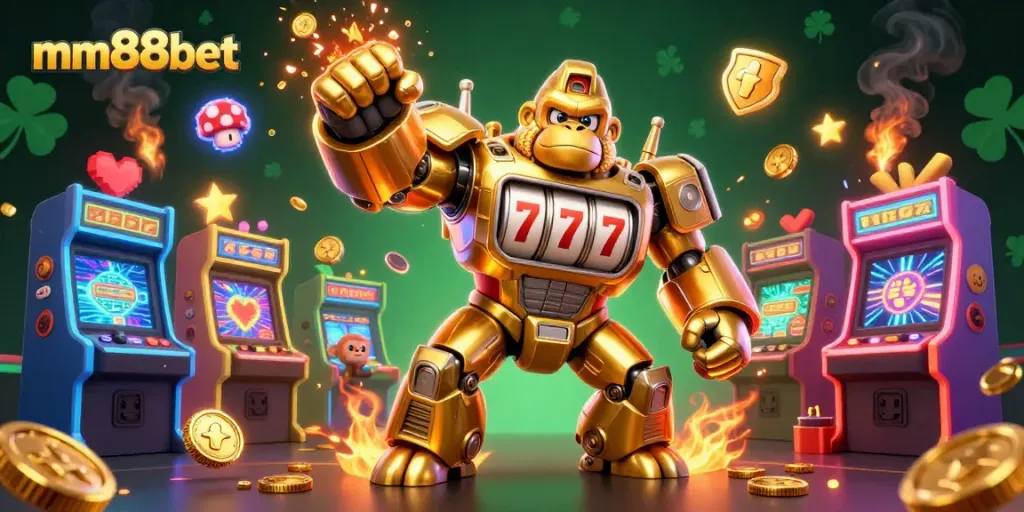 Play slots and win with mm88bet in this colorful, engaging 3D casino scene.