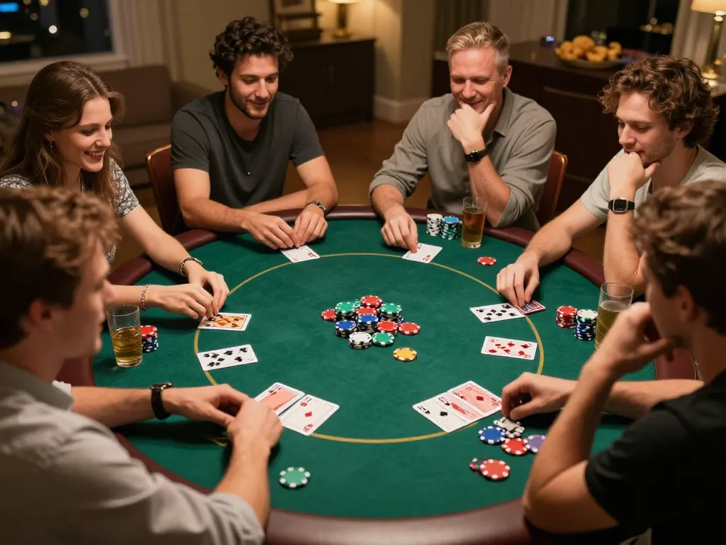Players enjoying a thrilling poker game at home, showcasing 22bet's community atmosphere and strategic gameplay.