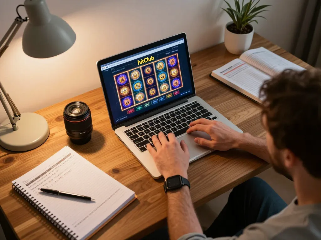 Engaging in hitclub online gaming with vibrant slot visuals on a laptop in a cozy home office.