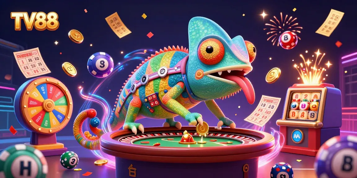 Join the fun with TV88 as colorful lottery elements and the casino chameleon create a vibrant gaming scene.
