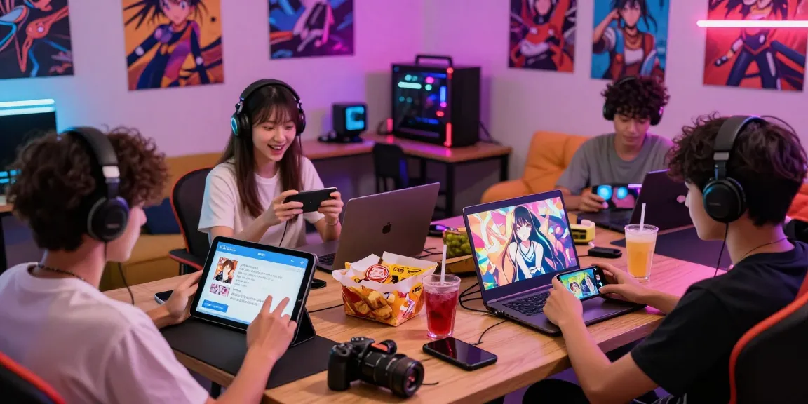 Engaged players enjoying online hentai games in a vibrant gaming lounge filled with colorful decor and devices.