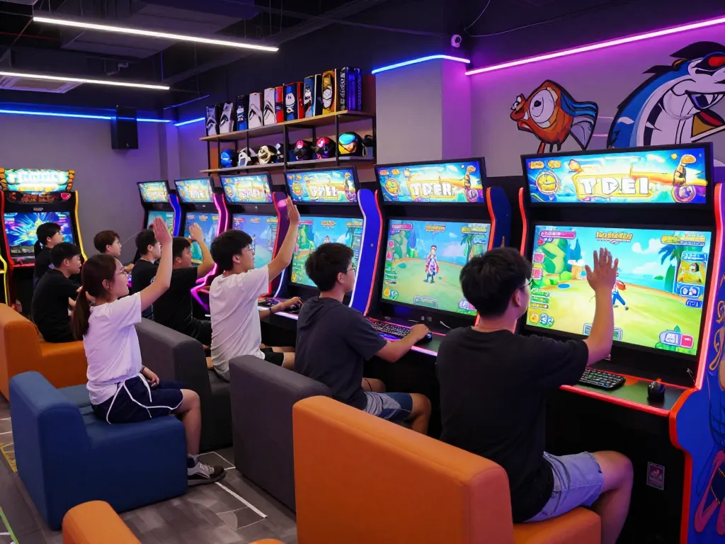Players enjoying fun 79 fishing games in a vibrant arcade atmosphere.