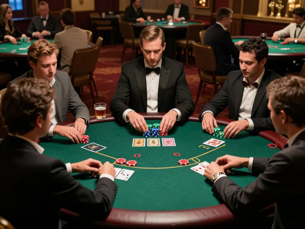 Engaging players at an NK88 VIP poker table strategizing their bets in a luxury gambling environment.