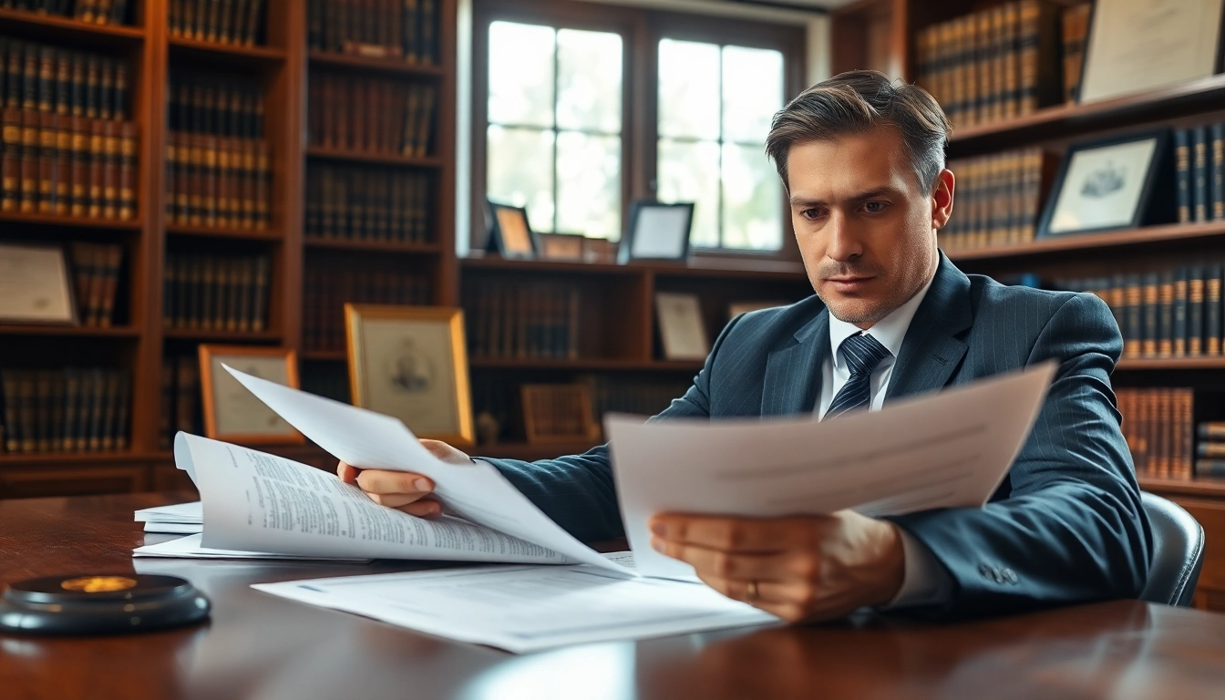 Reviewing Wills documents in a professional legal office setting with focused expression.