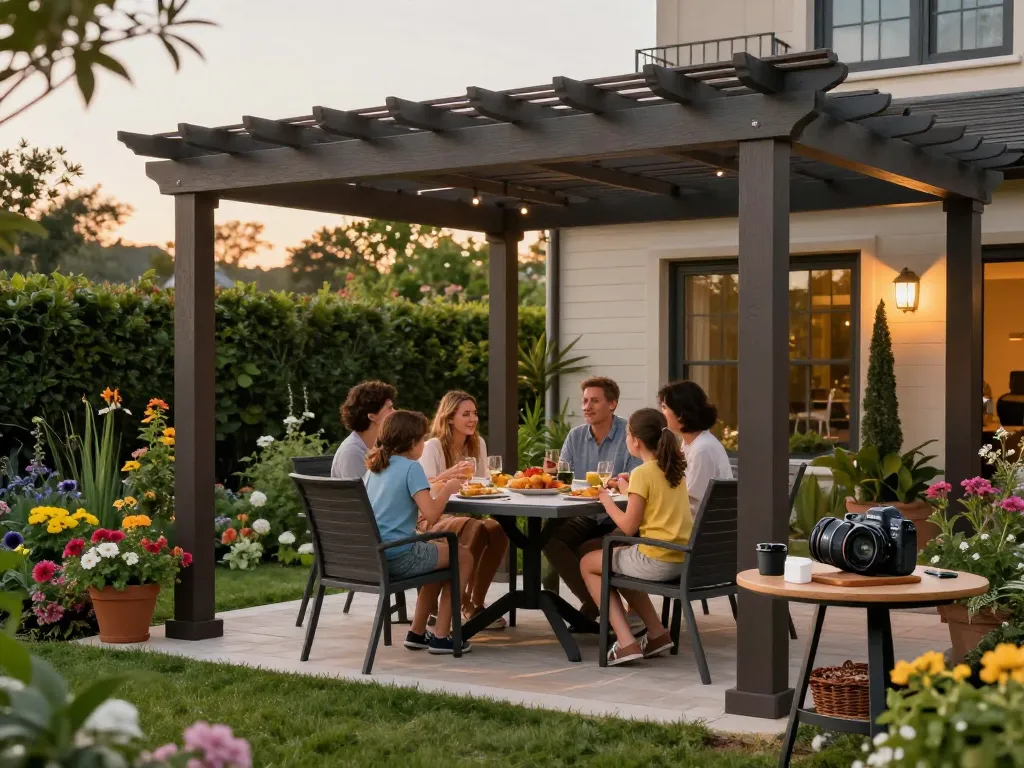 Engaging family moment under a pergola configurator, showcasing customizable outdoor living space.