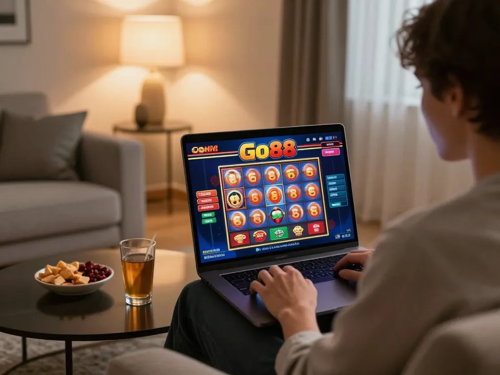 Player enjoying Go88 online gaming with vibrant interface and cozy atmosphere.