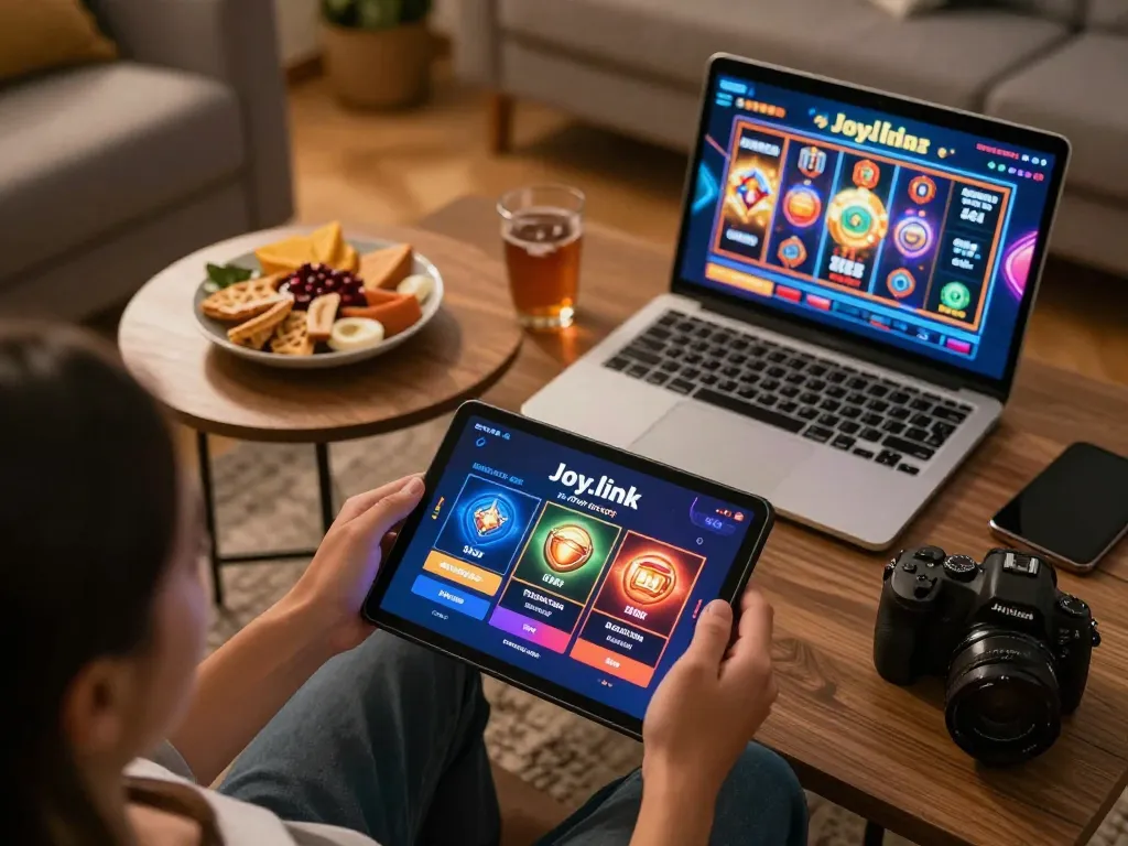 Player enjoying the Joy.link free credit casino app on tablet in a cozy living room setting.