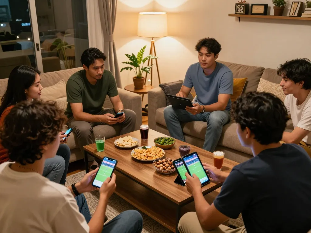 Friends enjoying sports betting on trang cá cược bóng đá app during a lively gathering