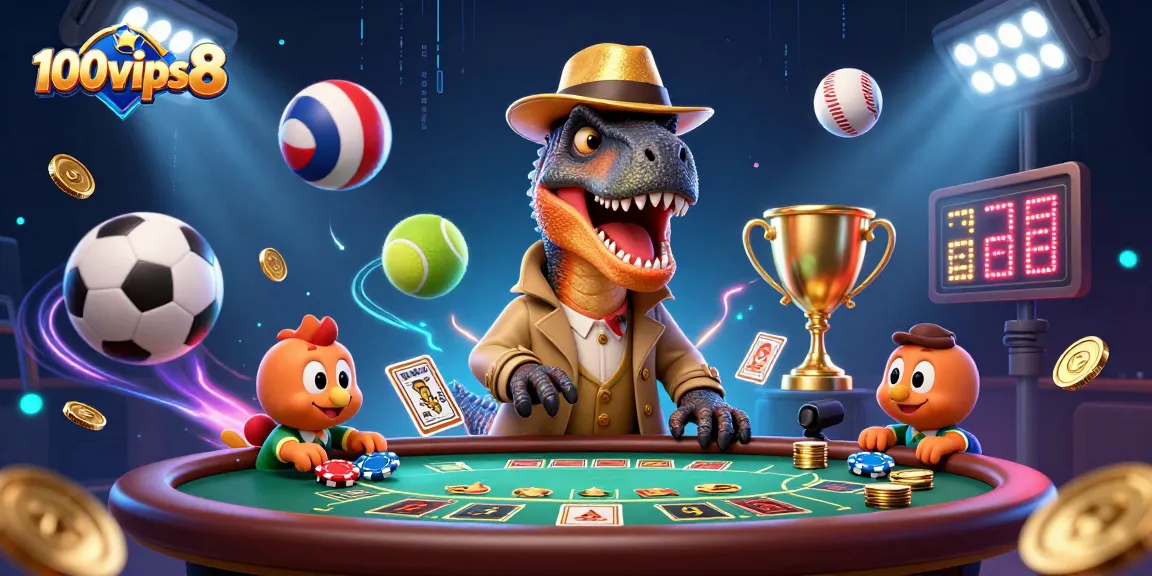 Engage in thrilling gaming action at 100vips8 with a velociraptor card counter and vibrant casino elements.
