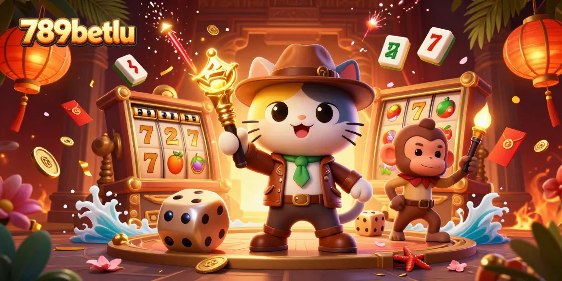 Join the 789betlu adventure as a stylish cat discovers a golden casino artifact amidst vibrant game elements.
