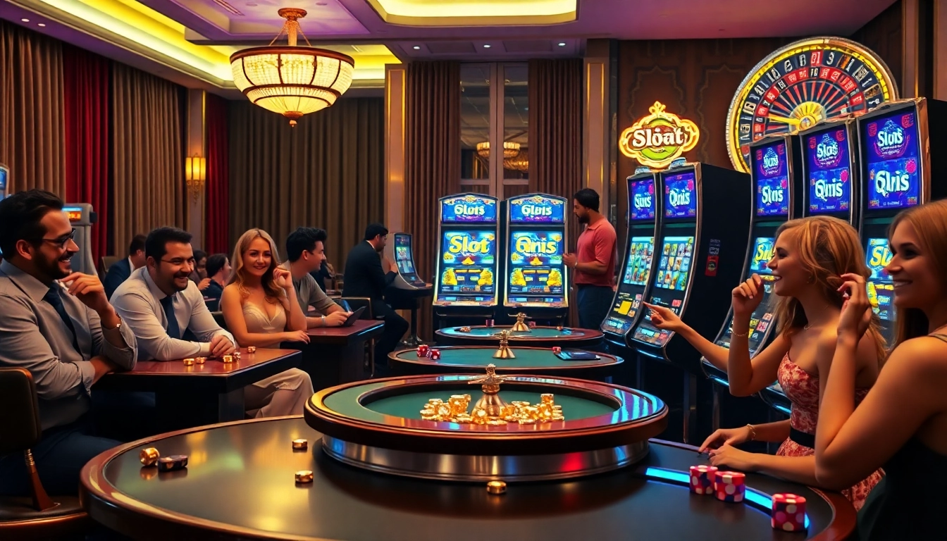 Engaged players enjoying slot qris at vibrant casino machines with poker chips and dice.