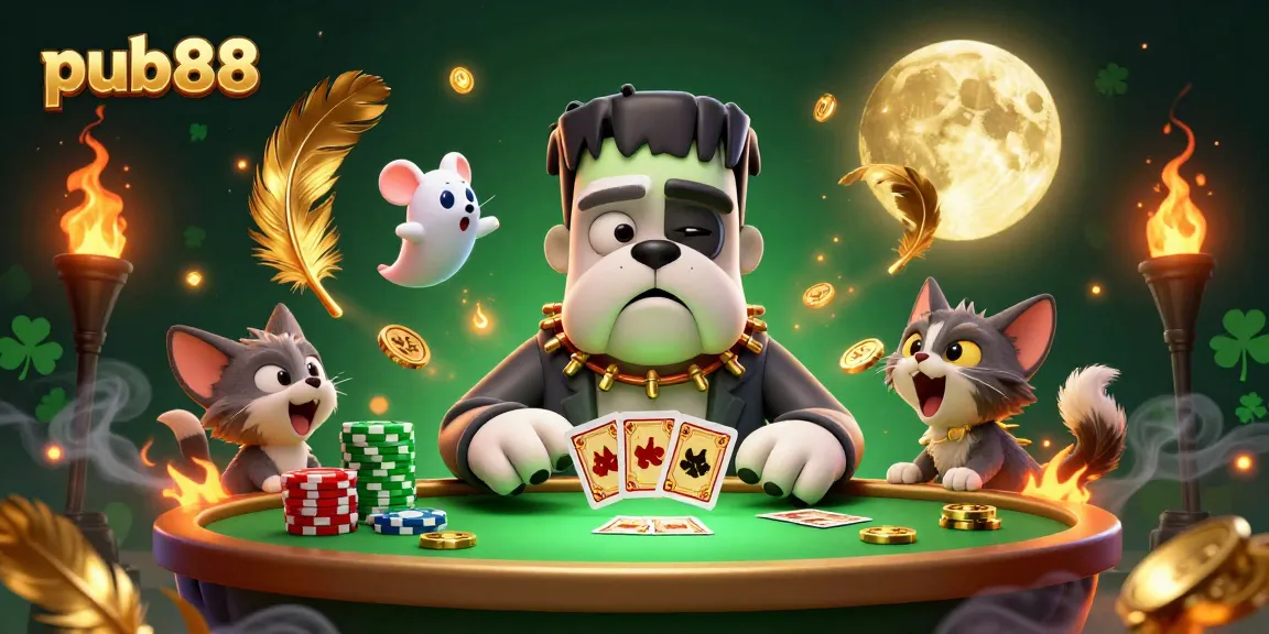 Experience thrilling card games at pub88 with a vibrant casino atmosphere and playful characters.