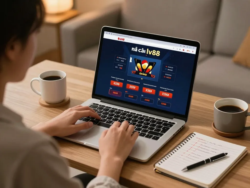 Engaging with nhà cái lv88 on a laptop for online gaming strategy.