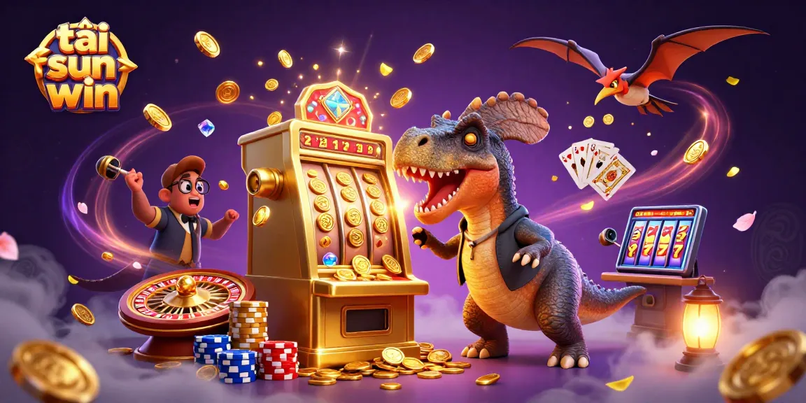 Catch the excitement of tải sun win as a 3D pachycephalosaurus wins jackpots amidst cascading coins and cards.