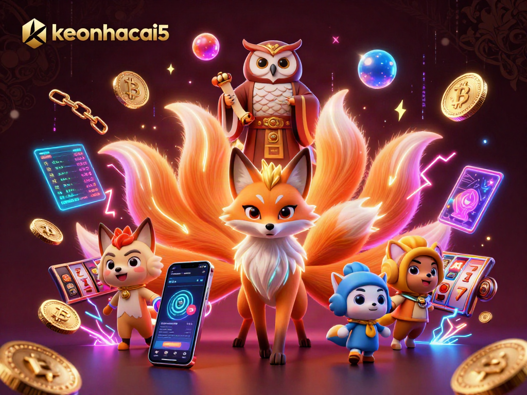 Engage with the vibrant energy of keonhacai5, where a nine-tailed fox spirit, wise owl sage, and neon crypto elements create a dynamic casino atmosphere.