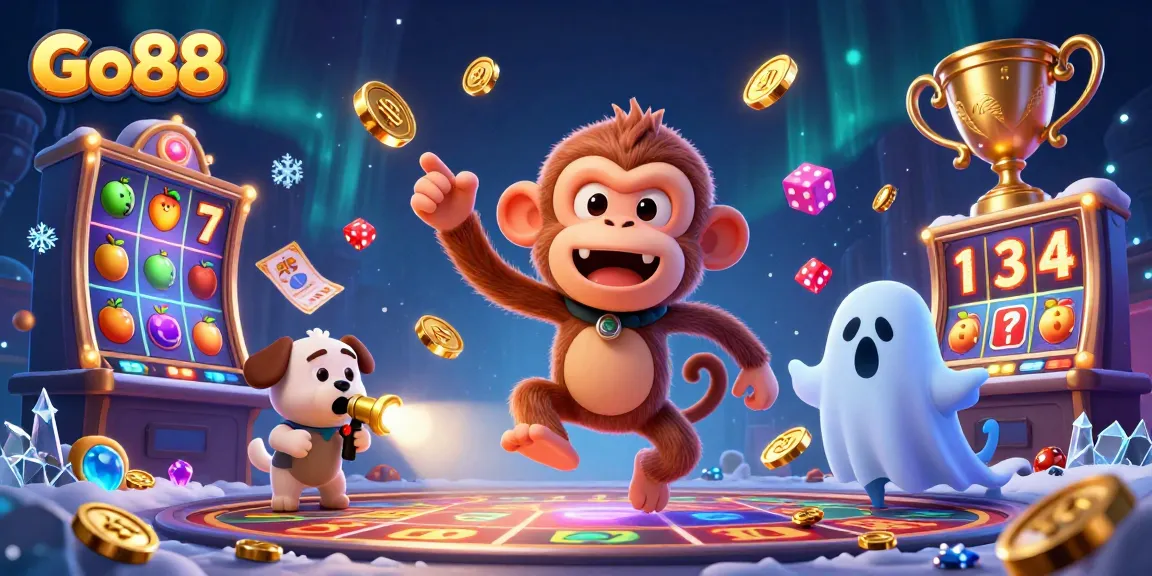 Capture the excitement of Go88 with a mischievous poltergeist monkey and a curious puppy in a vibrant casino setting.