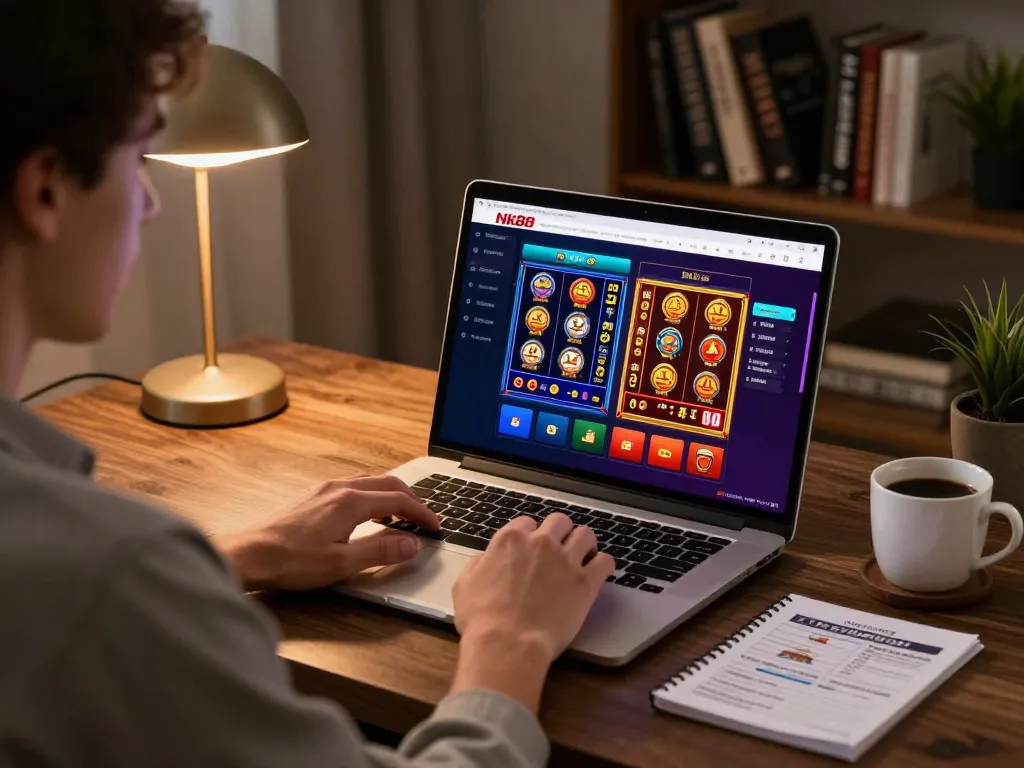 Player engaging with the Nk88 online casino platform on a stylish desk, depicting a responsible gaming environment.