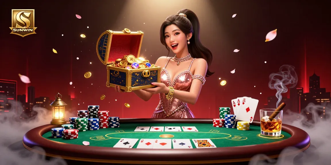 SUNWIN offers exciting treasures in a dazzling 3D casino scene filled with poker games and gold coins.