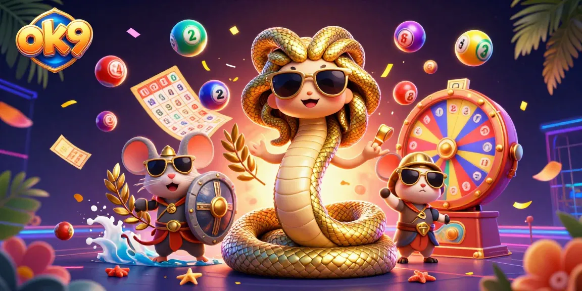 Engage with ok9's vibrant casino scene showing Medusa, a mouse warrior, and lottery elements.